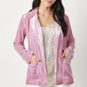 MYSTREE Pink Velvet Blazer, Soft Crushed Velvet Open Front Jacket, Luxe Party